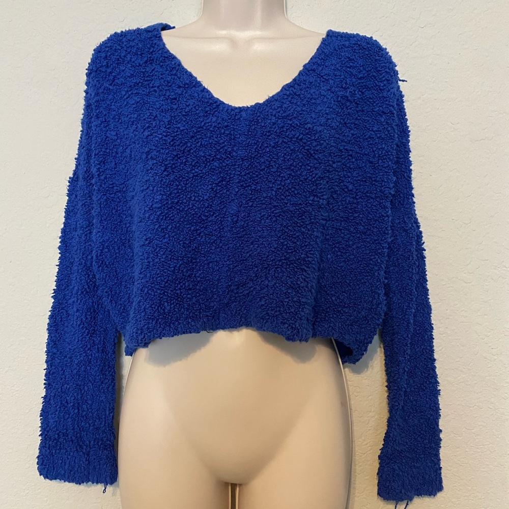 free people blue jumper crop popcorn sweater - Picture 6 of 9